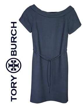 Tory Burch Gray Wool Blend Sheath Dress Chain Print Silk Lined Elegant Neckline
